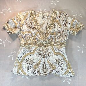 Y2K Babydoll Elegant Paisley Wrap Top V-Neckline Linen Feel Silver Sequin S-M